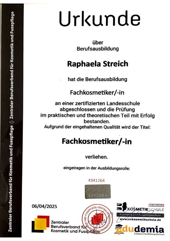 Urkunde Berufsausbildung Fachkosmetikerin 