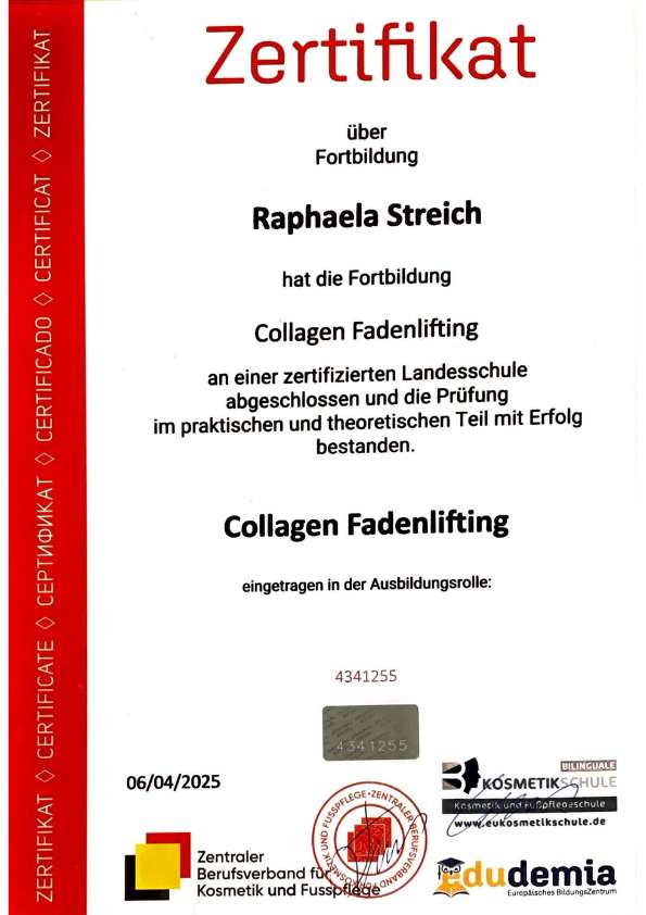 Zertifikat Fortbildung Collagen Fadenlifting